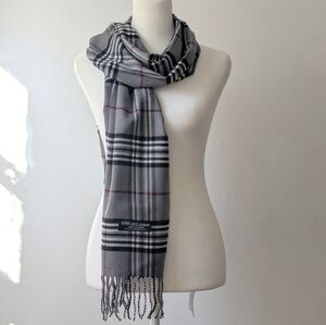 100% Cashmere Gray Plaid Scarf With Multiple Colors Made In Scotland 67"x 12"